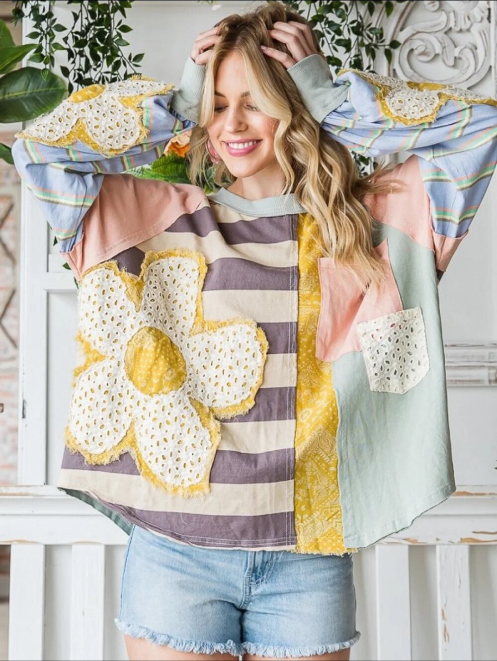 Everyday Chic Patchwork Floral Eyelet Mixed Media Boho Top Small